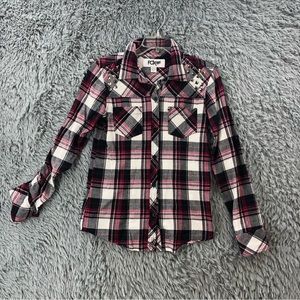 Fox Racing Shirt Small Button Front Studded Checkered Plaid Logo Tab Sleeves